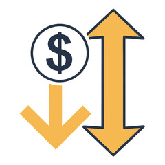 Dollar sign with up and down arrows symbolizing financial market fluctuations and currency exchange rates.
