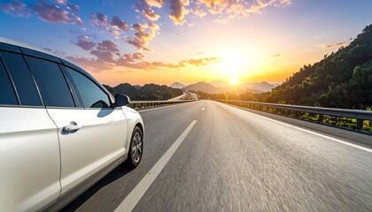 White car driving on highway during sunset.