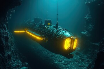 submarine with glowing yellow lights exploring mysterious underwater ruins
