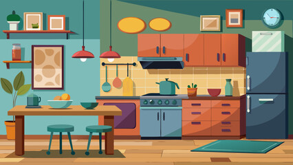 Vector art of cozy kitchen interior with wooden furniture, cooking utensils, and decor, creating a warm and inviting atmosphere for culinary activities and family gatherings