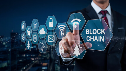 Businessman interacting with blockchain technology, showcasing secure digital future and innovative concepts