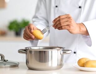 Chef testing potato doneness, kitchen
