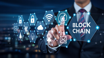 Businessman interacting with blockchain technology interface, concept of digital security and data