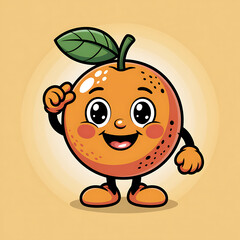 Fototapeta premium A cheerful and sparkling cartoon orange with a leaf on its head.