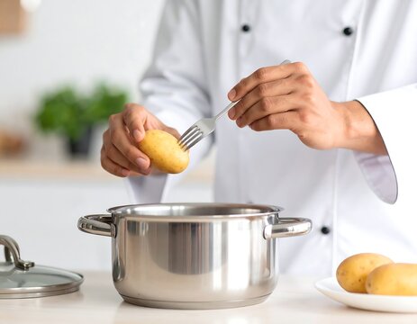 Chef testing potato doneness, kitchen
