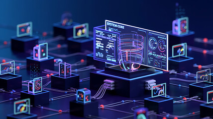 Futuristic data visualization displays system core information with glowing digital connections