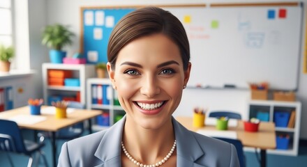 Smiling teacher portrait in classroom. Ideal for education, back-to-school, professional development, online learning, teacher appreciation day, or school marketing campaigns.