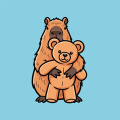 A cute cartoon capybara hugging a teddy bear, both with happy expressions, set against a solid blue background.
