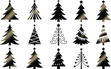 A collection of 15 striking black and white Christmas tree silhouettes, modern festive icon designs, perfect for holiday decorations, prints