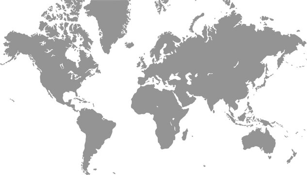 Grey color world map Grayscale, isolated on white background for website layouts, background, education, precise, customizable, Travel worldwide, map silhouette backdrop, earth geography.