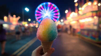 Hand holding rainbow snow cone at night carnival with blurred ferris wheel