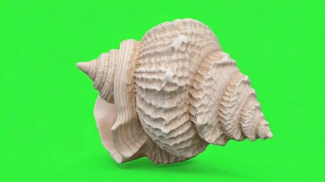 Natural sea shell on green screen background, spiral seashell for compositing, marine gastropod shell isolated for video editing and vfx