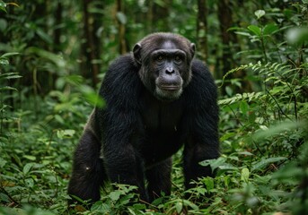 Fototapeta premium Close-up of a chimpanzee in Mahale Mountains, showing its expressive face and deep eyes. A striking portrait of one of Africa’s most intelligent primates.