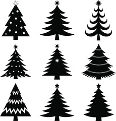 A set of modern black Christmas tree silhouettes, festive minimalist icons, holiday decoration design elements, perfect for greeting cards, crafts