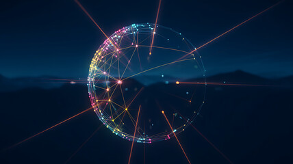 Dynamic 3D network sphere with glowing connections representing global technology and innovation