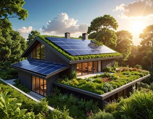 Fototapeta premium Sustainable House with Rooftop Solar Panels and Greenery