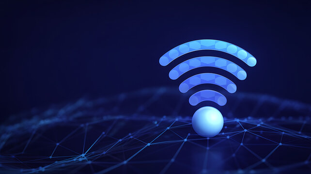 Glowing WiFi symbol floats above a network of connections, ideal for digital concepts and tech designs
