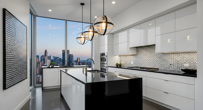 Modern luxury kitchen with a city skyline view, featuring sleek white cabinetry, a black island, and pendant lighting.