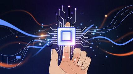 Human hand interacting with futuristic CPU data flow, symbolizing innovation and technology