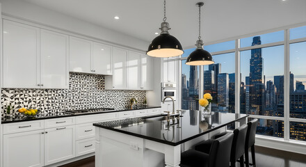 Modern white kitchen with a black island and a stunning city skyline view through large windows.