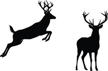 Jumping deer stag silhouette with antlers and standing buck illustration, wildlife vector clipart, hunting animal design for forest outdoor nature