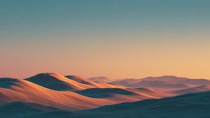 expansive field bathed in soft warm sunset tones, clear sky with smooth gradient, clean minimal summer twilight composition with negative space