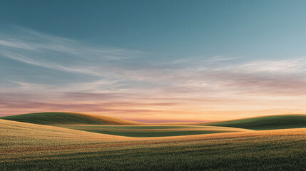 expansive field bathed in soft warm sunset tones, clear sky with smooth gradient, clean minimal summer twilight composition with negative space