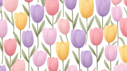 Seamless Watercolor Tulip Pattern with Pastel Pink, Purple, and Yellow Flowers on White Background