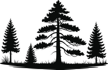Black and white pine tree forest silhouette illustration, evergreen woodland scene, nature clipart, outdoor design, vector landscape graphic