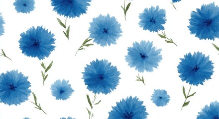 Seamless Watercolor Blue Cornflower Pattern with Green Leaves Isolated on White Background