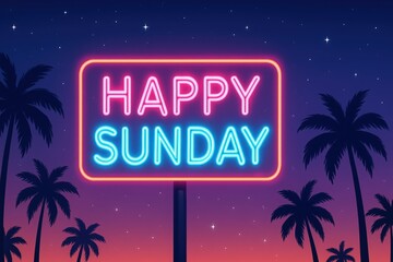 Happy Sunday neon illustration with glowing pink and blue text, palm tree silhouettes, stars, and tropical sunset gradient background
