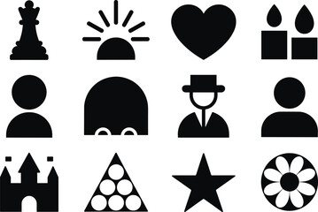 Minimal black icon set featuring people, buildings, heart, star, symbols, user avatars, chess piece, perfect for graphic design