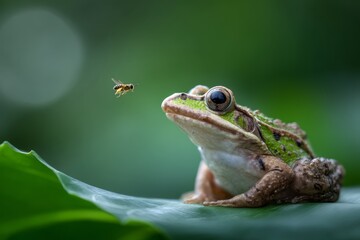 Fototapeta premium Frog's Perch and a Passing insect: A close-up, eye-level shot of a curious frog, perched serenely on a large, vibrant leaf, fixated on a small flying insect, portraying nature's delicate balance.