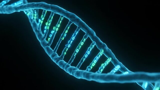 Glowing Blue DNA Double Helix with Binary Code - Genetic Code and Digital Technology Concept