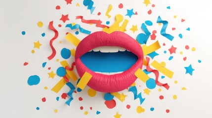 Open mouth with confetti on white background