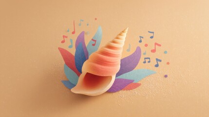 Seashell horn with musical notes on beige background