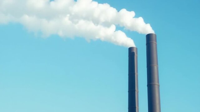 Industrial pipes pollute the atmosphere with smoke. Two big pipes with thick smoke in the air on the blue sky background. Vertical