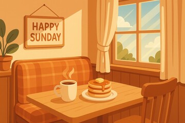 Happy Sunday cozy dining nook illustration with pancakes, coffee, cushioned bench, and window view of trees and sky