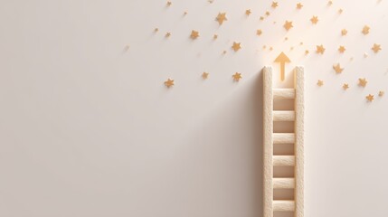 Wooden ladder leading to an upward pointing arrow with star decorations