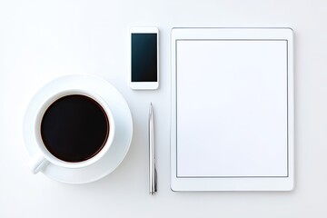 Flat lay of white tablet, phone, coffee cup, and pen on white background