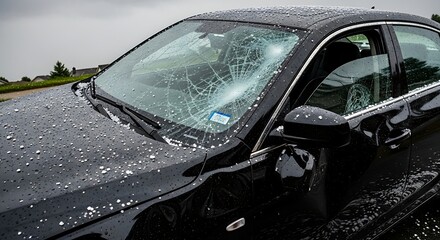 Obraz premium Damaged black car with shattered windshield after an accident on the road.