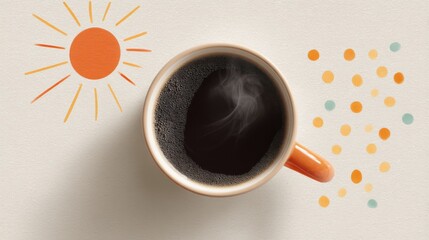 Coffee cup with steaming coffee, sun and dots on neutral background