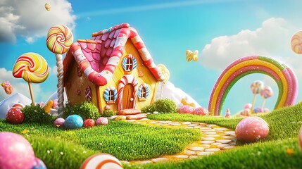 Whimsical candy house with rainbow and lollipops in a vibrant fantasy landscape