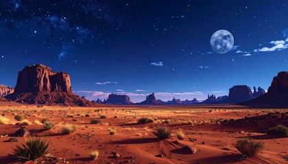 Desert landscape at night under a full moon
