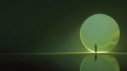 Silhouette of person standing in front of a glowing circle doorway with a reflection