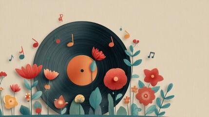 Vinyl record with flowers and music notes for album cover or artwork