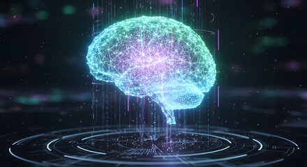 Obraz premium Conceptual visualization of a holographic human brain representing artificial intelligence, machine learning, and neuroscience technology