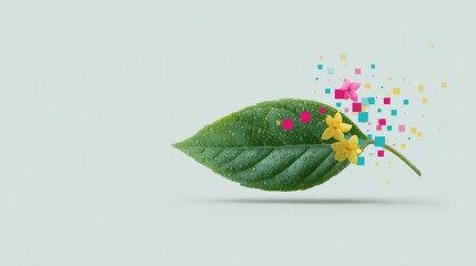 Green leaf decorated with flowers and colorful squares on light background