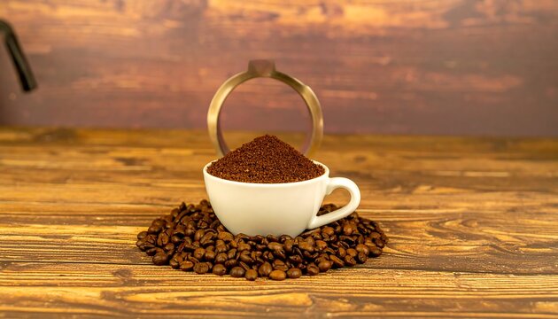 White coffee cup filled with ground coffee beans, surrounded by whole coffee beans on a wooden surface. Metal coffee filter visible above