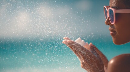 Woman applying sunscreen protection on skin at the beach